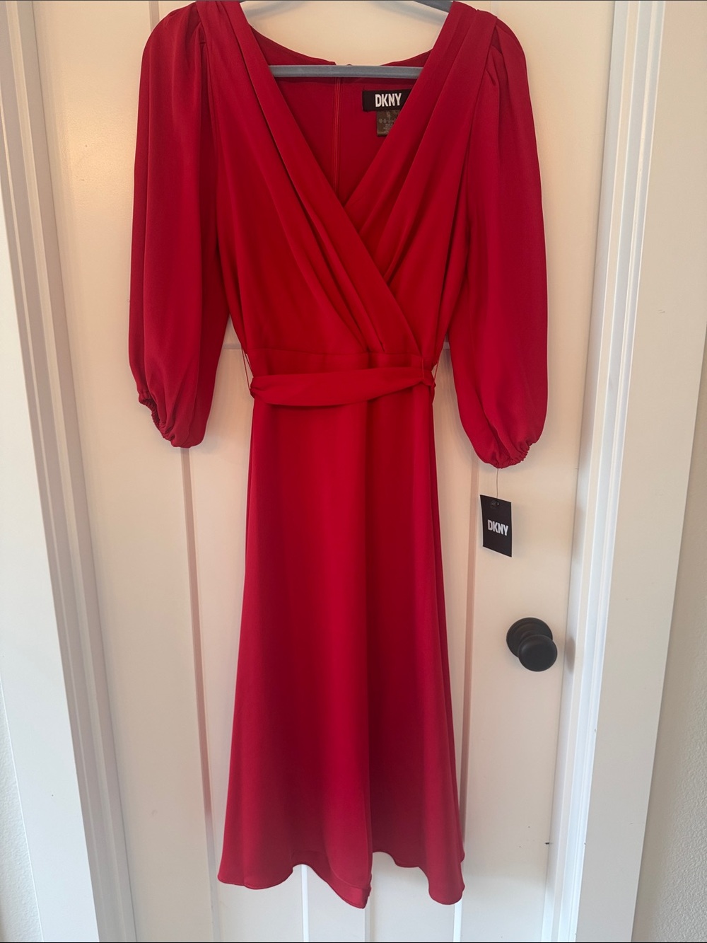 DKNY Red Long-Sleeve Wrap Midi Dress